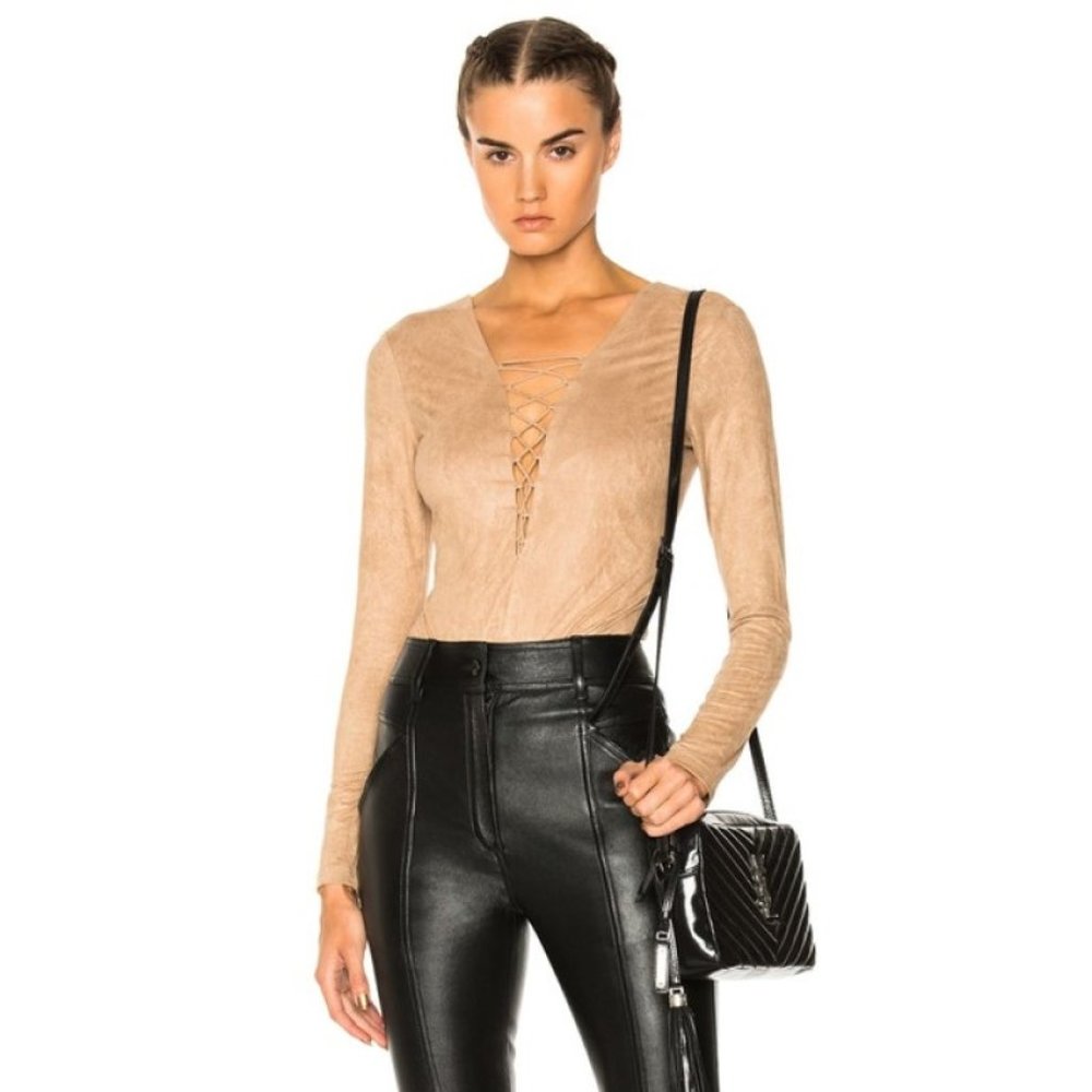 Faux-Suede Long-Sleeve Lace-Up Bodysuit NWT